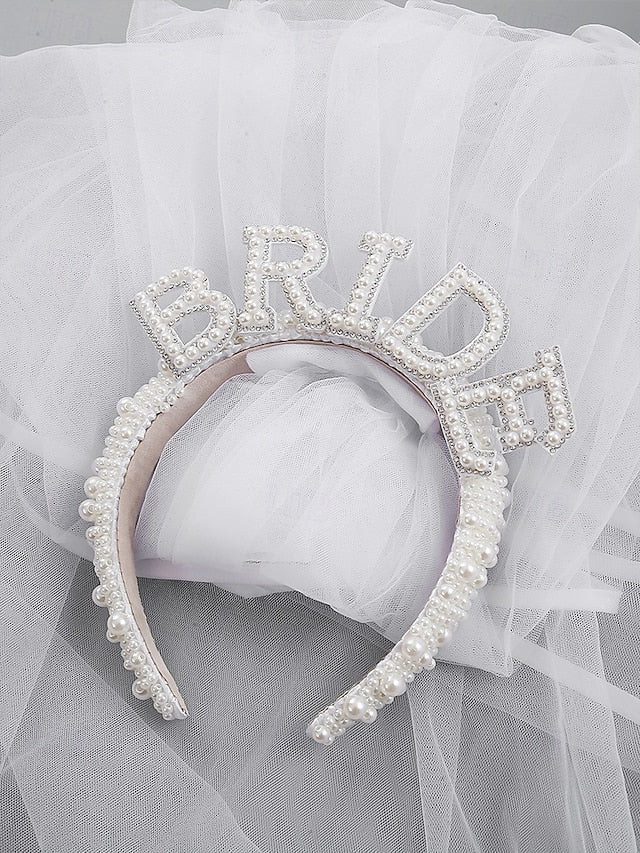 Pearl-Embellished 'BRIDE' Headband Veil – with