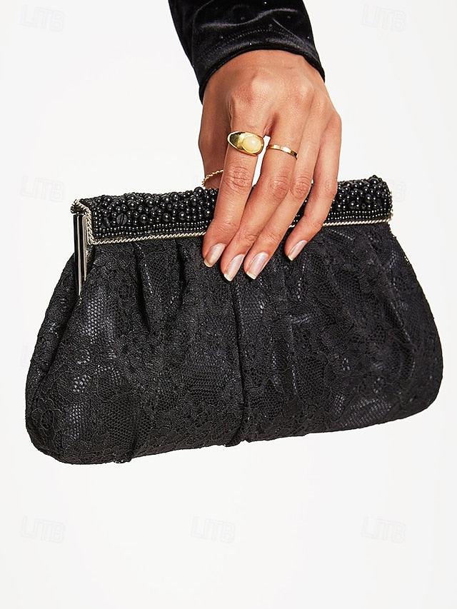 Clutch with Black Elegant Women's Beaded Evening Bag Lace