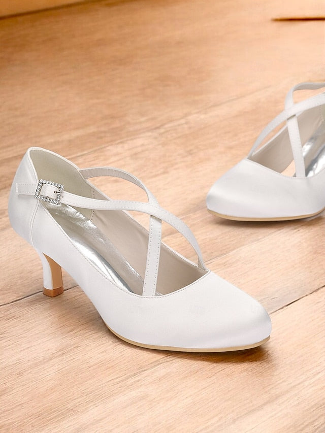 with Rhinestone White – Elegant Satin Buckle Cross-Strap Heels