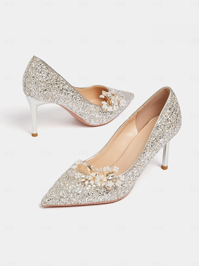 with Women's Glitter Floral Heels Silver Stiletto