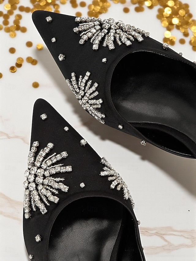 with Women's Mules Rhinestone Toe Pointed Satin Black