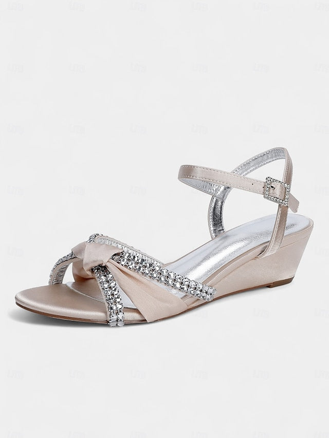 Sandals - Satin Wedge Rhinestone Dress Knot Green Women's