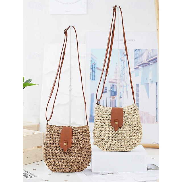 - Crossbody Women’s Chic Strap with Woven Straw Bag Leather