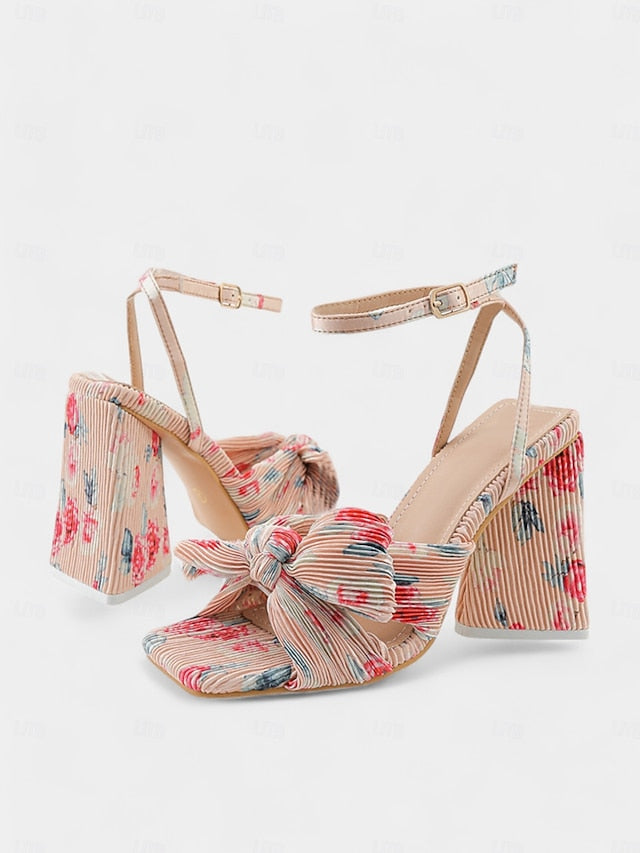 Block Knot Textured Sandals Detail and Rose Gold Heel with