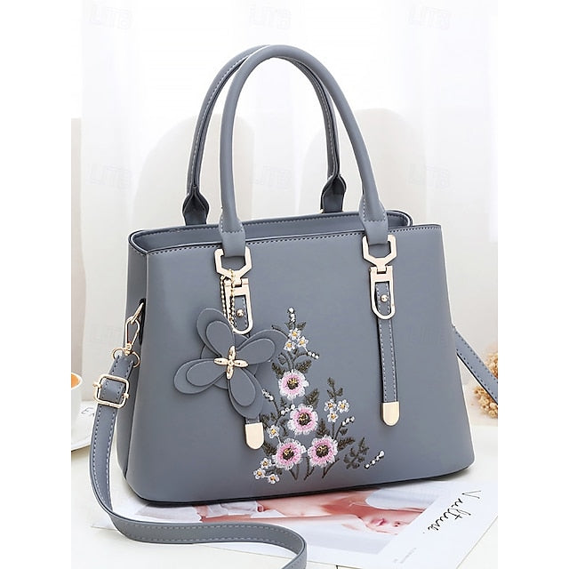 Faux Women's Handbag Embroidery Floral with Leather Green