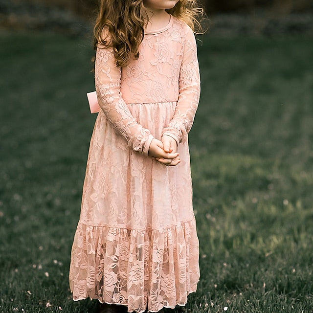 Long Girls' Solid Colored Girl Kids Dress Flower