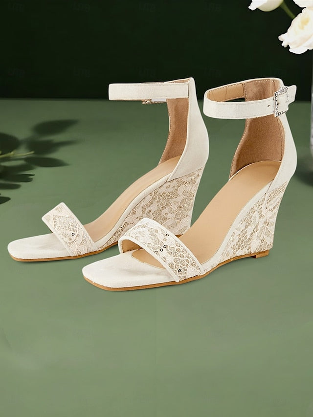 Sandals Lace Women White Ankle Wedge for – Strap Stylish Heel