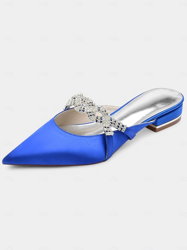 with Pointed-Toe Blue Detailing Mule Rhinestone - Satin Heels
