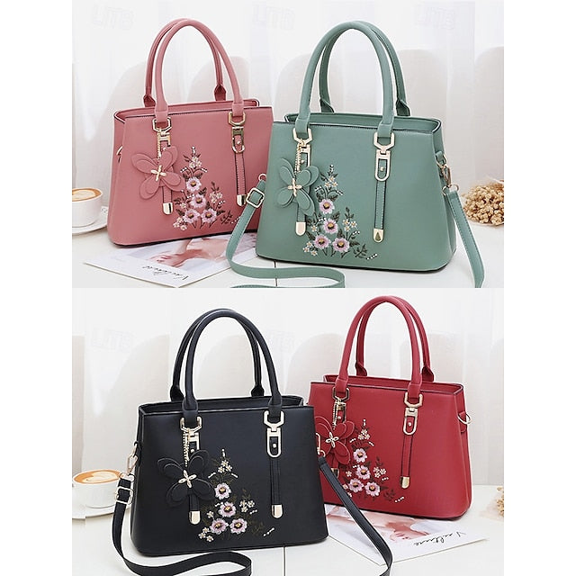 Faux Women's Handbag Embroidery Floral with Leather Green