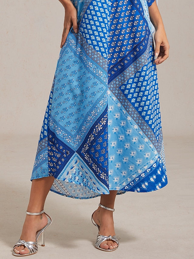Women's maxi Dress Geometric Floral Patchwork Print Stand