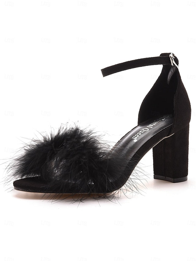 Feather-Embellished – Wedding Heel Block Sandals Women for