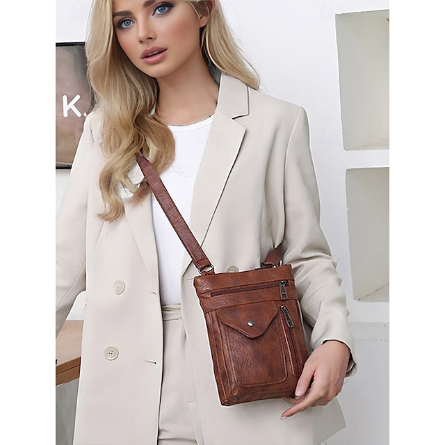 Leder Vintage Multi-Pocket Crossbody Damen Faux - Tasche