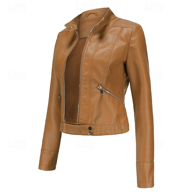Faux Comfortable Pocket Women's Leather Jacket Zipper