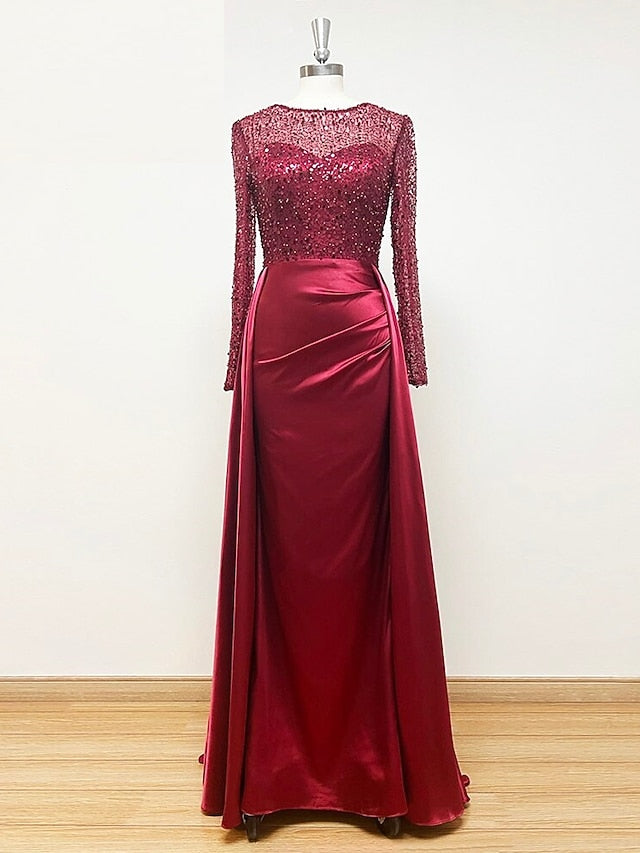 Evening Long Dress Gown Mermaid RuchedSatin Sleeves Sequin