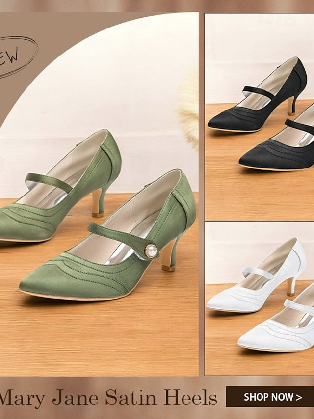 Elegant Green Heels - Button Satin Jane Pearl Mary with