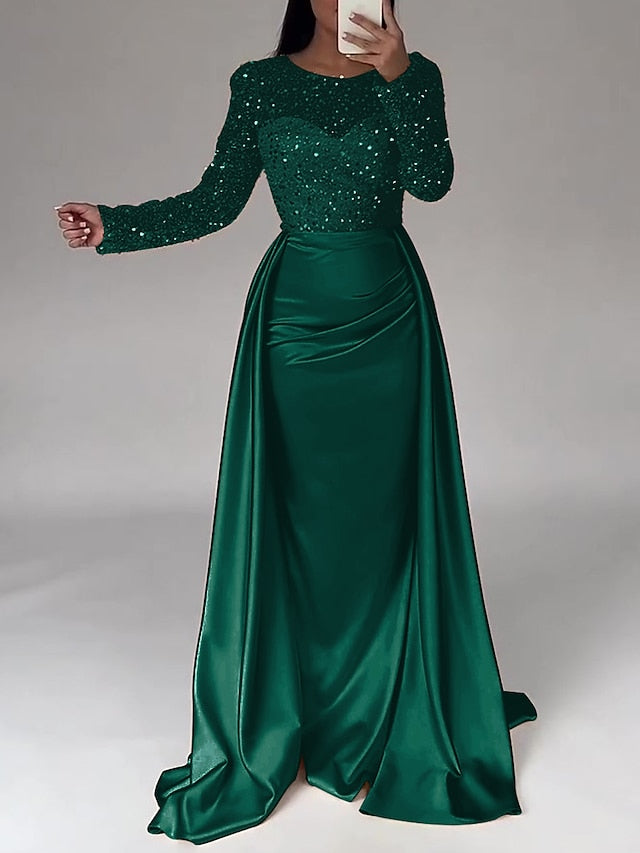 Evening Long Dress Gown Mermaid RuchedSatin Sleeves Sequin