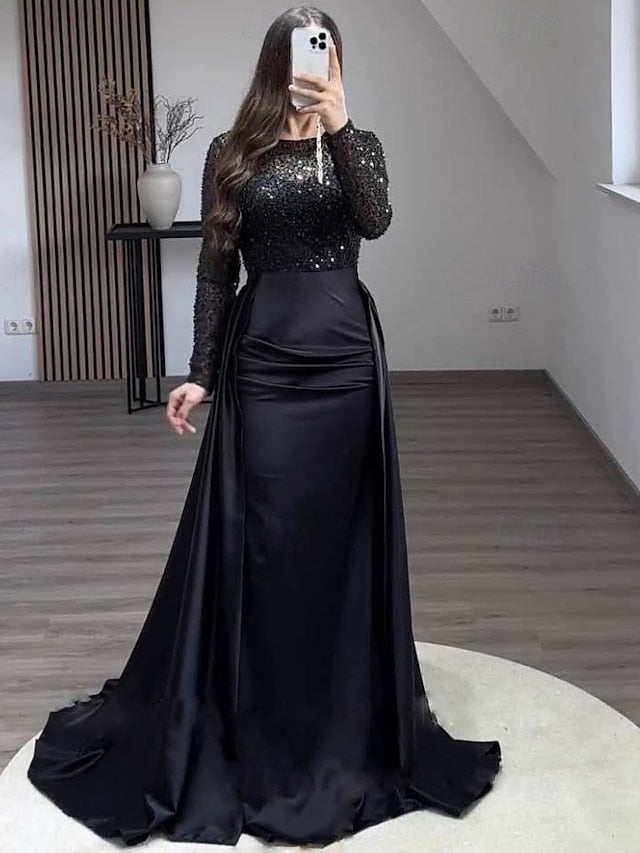 Evening Long Dress Gown Mermaid RuchedSatin Sleeves Sequin