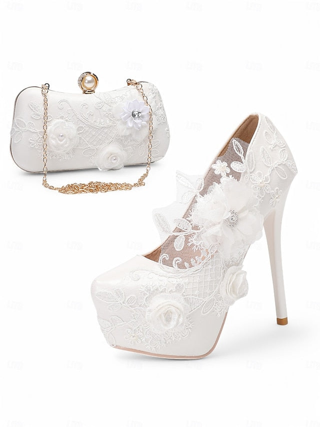 Wedding Shoes White Lace Embellishments with Floral