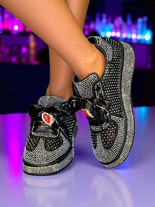 Rhinestone Sneakers with Women's Ribbon White Satin Laces