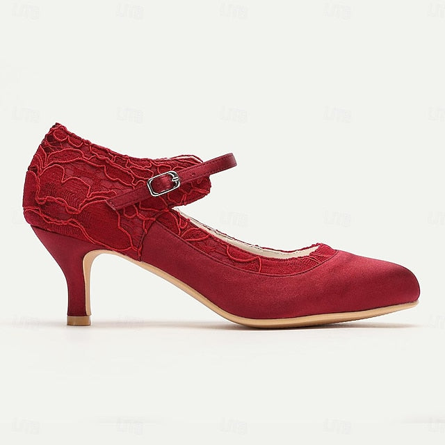 Mid-Heel Women's Comfortable - Lace Satin Heels Red Elegant