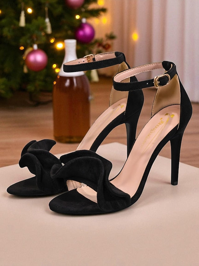 Women's High Velvet Red Heel Strap Ankle Sandals - Elegant