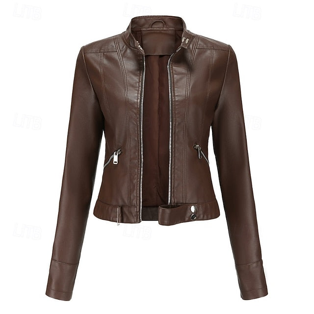 Faux Comfortable Pocket Women's Leather Jacket Zipper