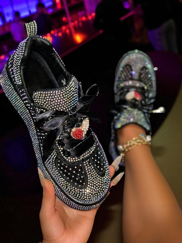 Rhinestone Sneakers with Women's Ribbon White Satin Laces