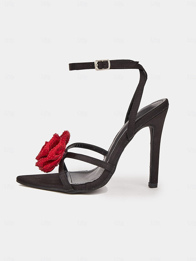 - Sandals Black Floral Embellishments Chic Heel High Red with