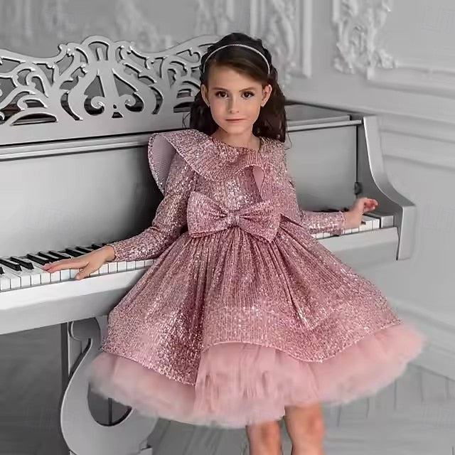 Long Color Sleeve Kids Solid Party Girls' Performance Dress