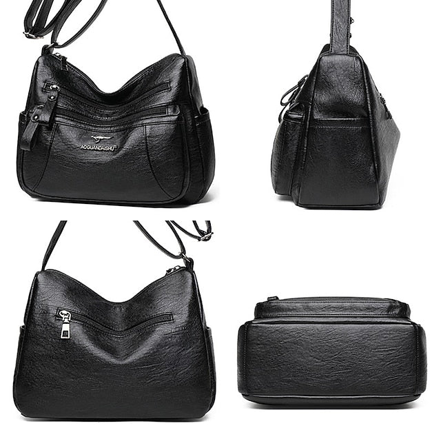 Sac bandoulière femme en cuir noir – similicuir multi-poches