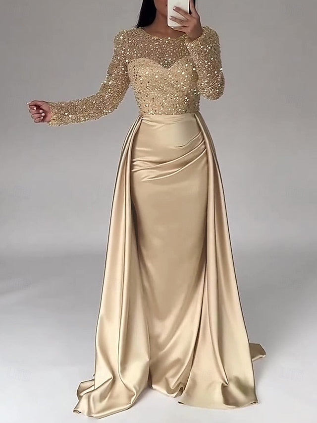 Evening Long Dress Gown Mermaid RuchedSatin Sleeves Sequin