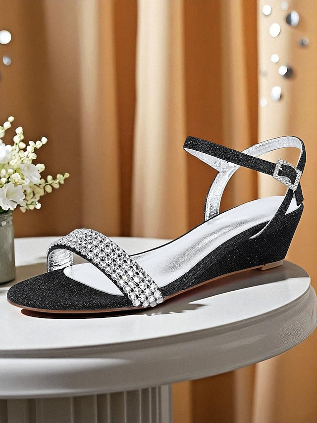 Wedge - Rhinestone Toe Women's Champagne Open Sandals