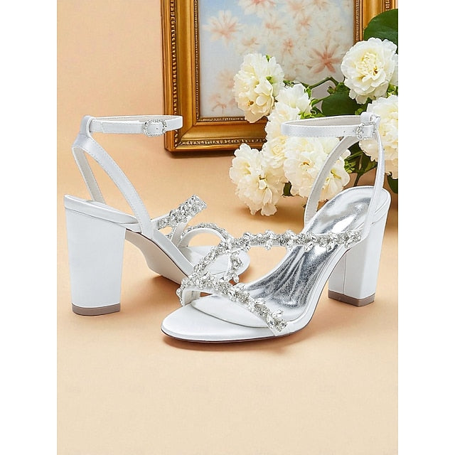- Rhinestone Heel Block Sandals Women's Straps White with