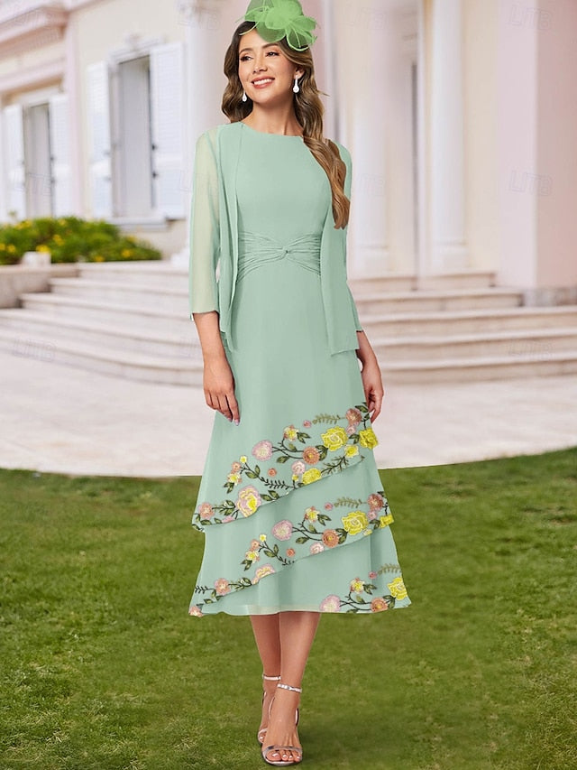 the Mother of Elegant Neck A-Line Two Piece Crew Dress Bride