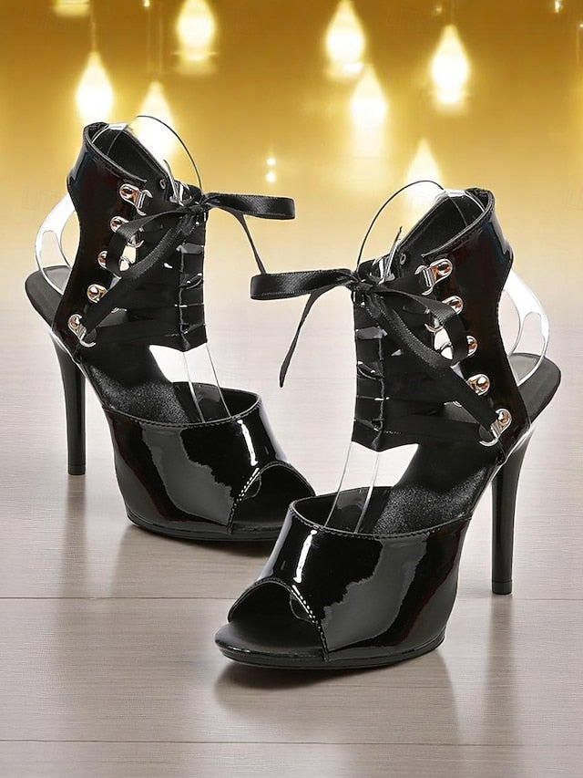 Stiletto Patent Women's Lace-Up Sexy Black Sandals Cutout -