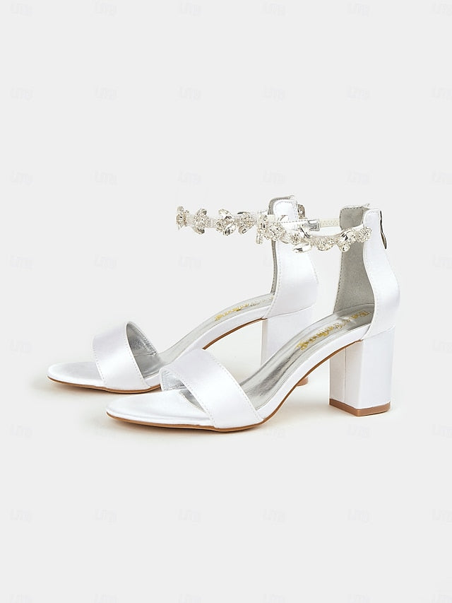 Floral Sandals Block Heel Bridal Ankle White Satin Strap with