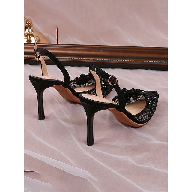 with White Kitten Slingback Pointed-Toe Pearl-Embellished Heel