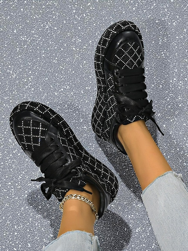 Quilted and Rhinestone Black Sneakers - Women's Silver