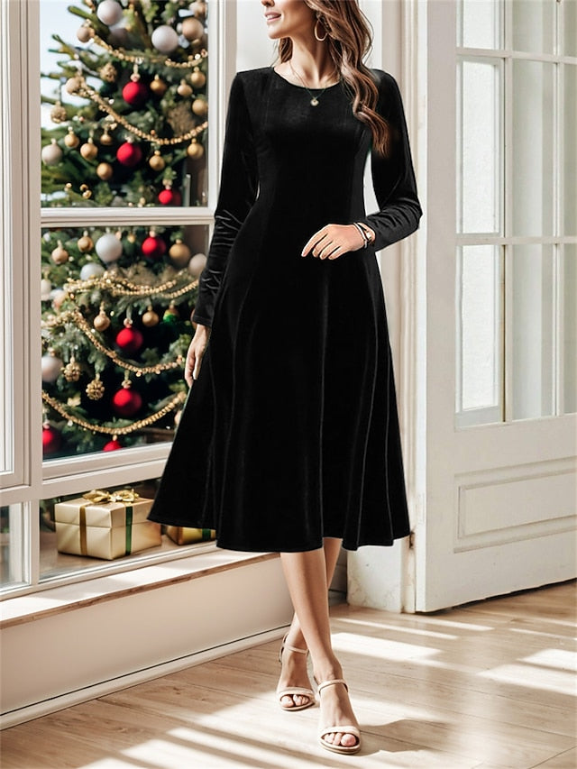 Women's Midi Dress Long Sleeve Velvet Burgundy Elegant