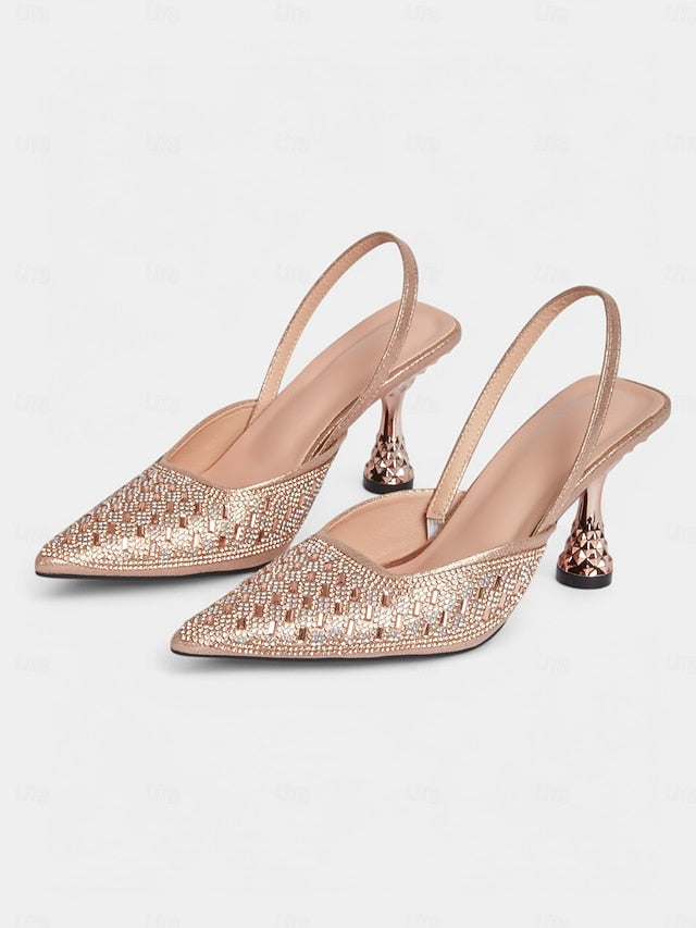 Rose Women's Geometric Slingback with Gold Rhinestone Heels