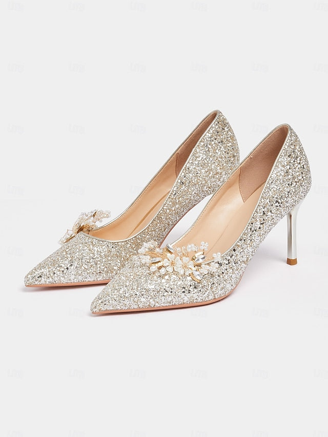 with Women's Glitter Floral Heels Silver Stiletto