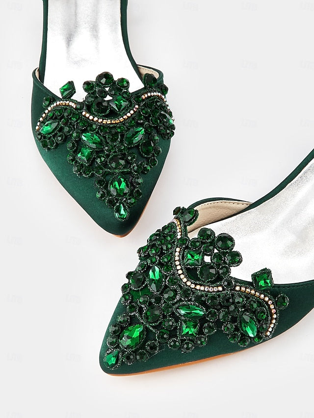 – Gemstone Vintage Pointed-Toe Style Green Embellished Flats