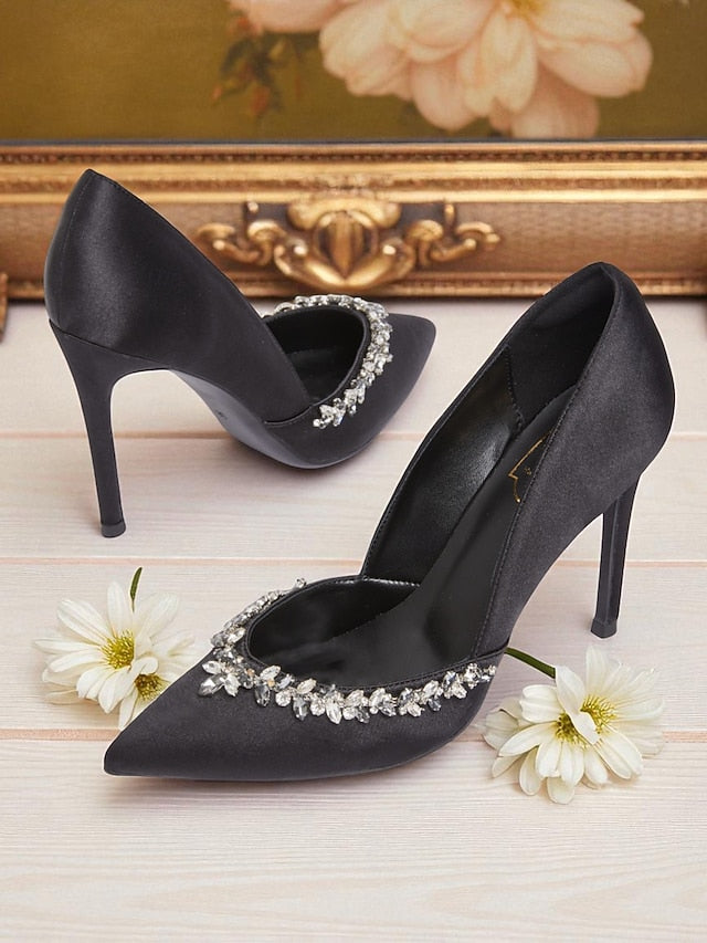 with Crystal Embellishment Toe Pointed Heels Satin Women's