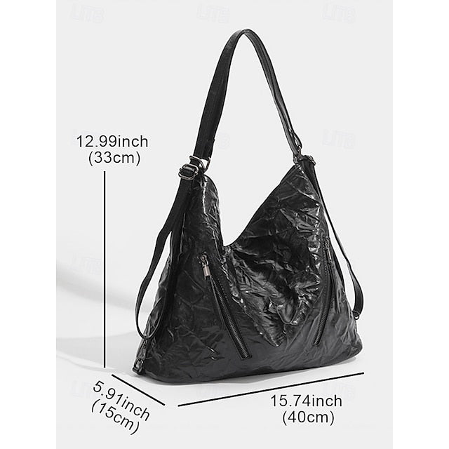 Schwarze Hobo-Tasche aus Leder für Damen – Lack-Crinkle-Tasche Sleek