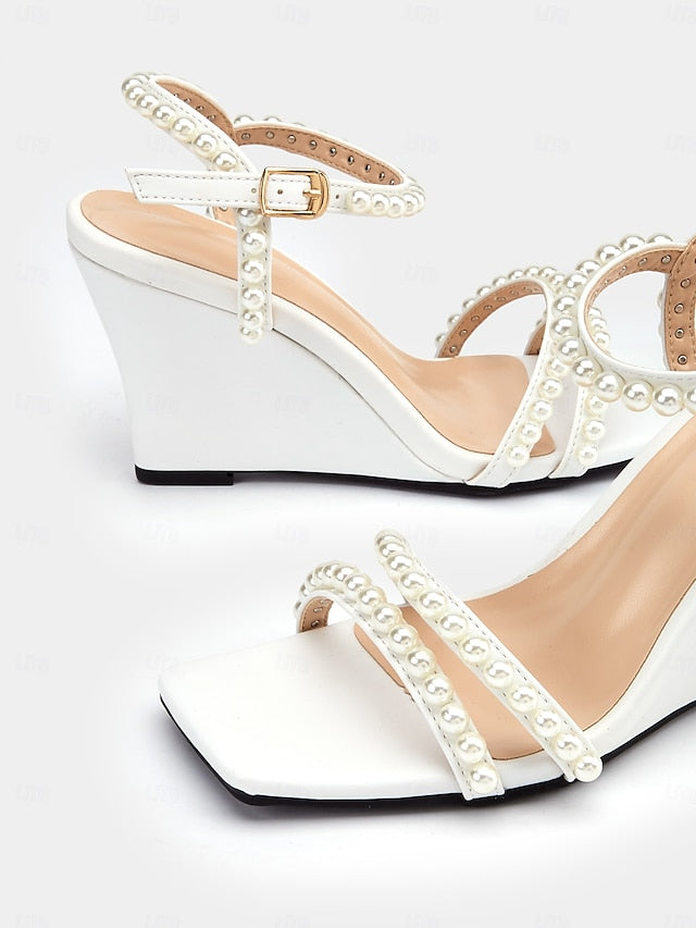 Open-Toe – Pearl-Embellished Heels Wedge Women's Elegant