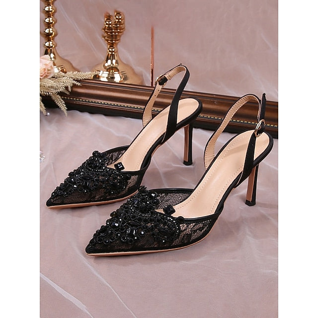 with White Kitten Slingback Pointed-Toe Pearl-Embellished Heel
