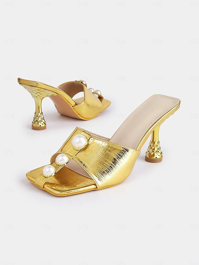 Open-Toe Mules Elegant Pearl with for Detailing Women Gold –