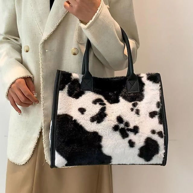 Tote Bag with Leather Faux Leopard Print Brown Women's Fur