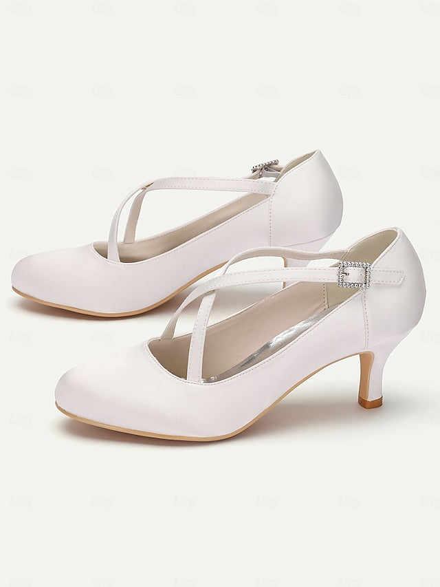 with Rhinestone White – Elegant Satin Buckle Cross-Strap Heels