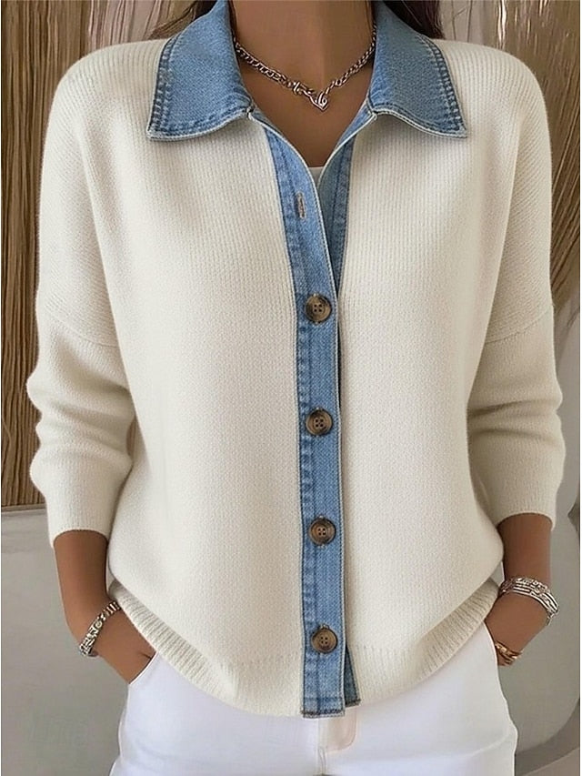 Women's Sweater Elegant Vintage Shirt Collar Patchwork Long